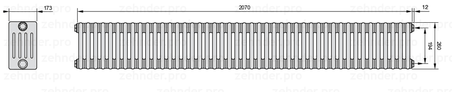 Схема (чертеж) Радиатор Zehnder Charleston 5026/45 №7610 Белый глянцевый RAL 9016